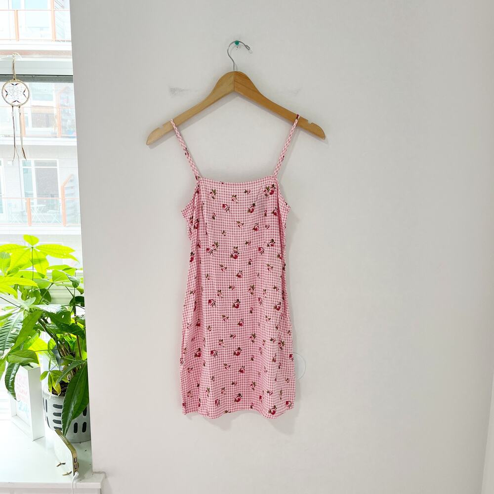 Forever 21 Pink Gingham & Rose Print Babydoll Mini Dress Size Small